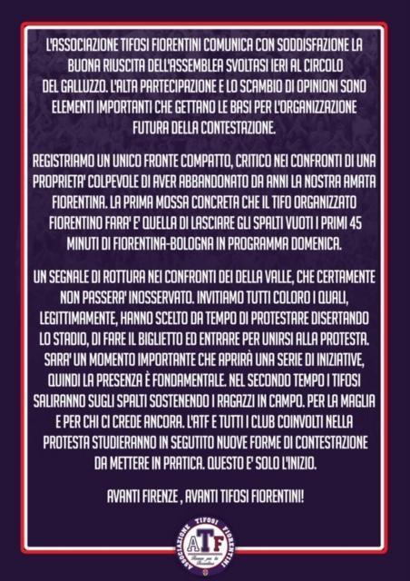 Fiorentina, tifosi in protesta: con il Bologna spalti vuoti Comunicato tifoseria organizzata della Fiorentina