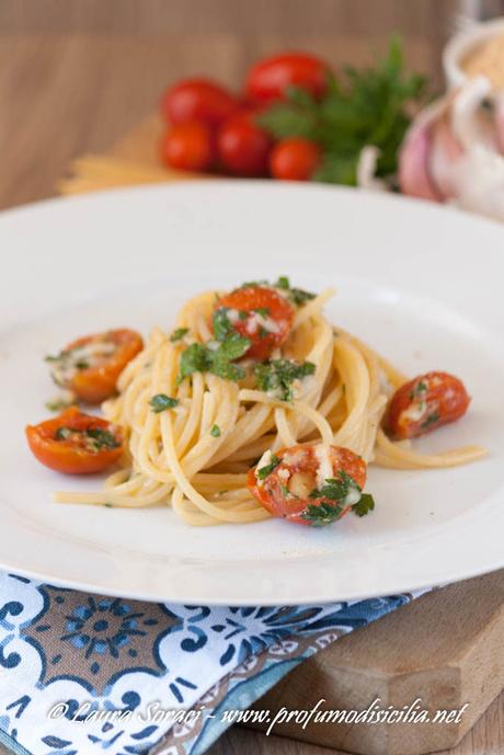 Spaghetti alla Carrettiera con Pomodorini Grigliati Un piatto di spaghetti speciali