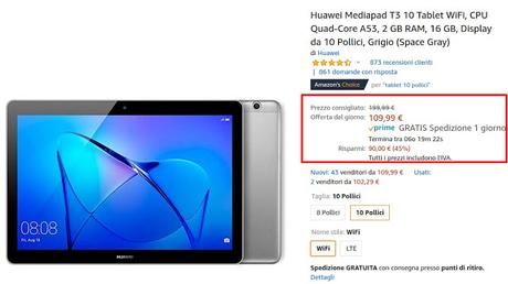Offerta del giorno Amazon: Huawei MediaPad T3 10 Wifi a 109 euro venduto e spedito da Amazon Offerta del giorno Amazon: Huawei MediaPad T3 10 Wifi a 109 euro venduto e spedito da Amazon