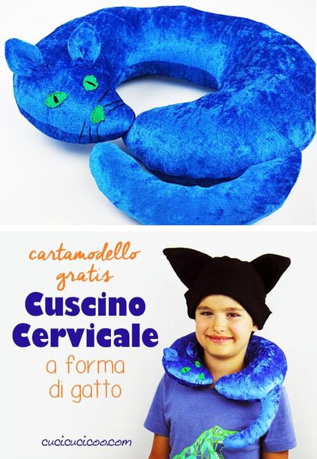 Cuscino cervicale a forma di gatto – cartamodello gratuito Se adori i gatti, scarica subito il cartamodello gratis per cucire un cuscino cervicale a forma di gatto, con orecchie, coda, occhi, naso e baffi ricamati! Perfetto per viaggiare con tutta la famiglia! #cuscinogatto #cuscinofaidate #cucitocreativo