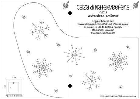 Cucire una calza di Natale fai da te (Befana) Cartamodello e schema gratuiti per cucire una calza di Natale (o della Befana) da un maglione di lana, e ricamarci sopra dei fiocchi di neve. www.cucicucicoo.com