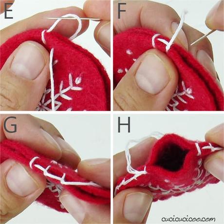 Decorazioni natalizie di feltro con ricamo e fiocchi di neve Belli questi addobbi di Natale! Schema di ricamo gratuito per realizzare decorazioni natalizie di feltro riciclato con fiocchi di neve ricamati. Perfetti per l’albero e ottima idea regalo! #natale #natalefaidate