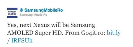 SamsungRomaniaTweet1 550x194 Nexus 3 con IceCream Sandwich e Display 4 SuperAmoled HD ? Samsung Conferma !