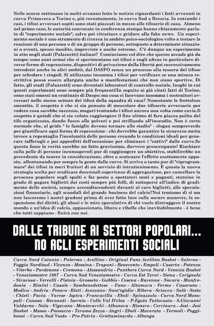 Tifoserie unite: ''Dalle tribune ai settori popolari... No agli esperimenti sociali'' Tifoserie unite: ''Dalle tribune ai settori popolari... No agli esperimenti sociali''
