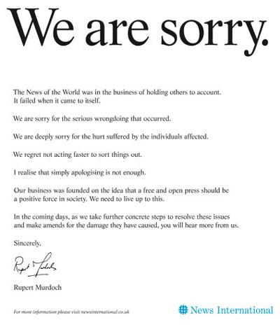 “We are sorry”: Rupert Murdoch chiede scusa sui giornali. L’«italiano» Tom Mockridge sostituirà la «rossa» Rebekah Brooks