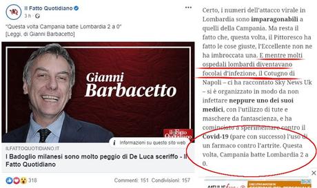 Coronavirus, Il Fatto esalta la sanità campana: “Campania batte Lombardia 2 a 0” fatto-campania-lombardia-sanità
