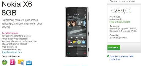 Nokia X6 8GB prenotabile su Nokia Online Shop