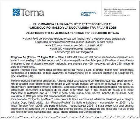 Terna, AD Flavio Cattaneo: 25 luglio 2011 arriva l'elettrodotto ad altissima tensione più ecologico d'Italia