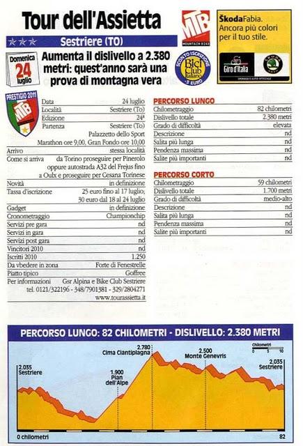 GF del 24/7/2011: Tour dell'Assietta (TO), Cortina-Dobbiaco (BL), Frassignoni Sport (PT), La Via dei Francesi (CZ),  Lessinia Bike (TN). Le schede