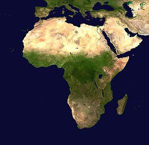 A composed satellite photograph of Africa.