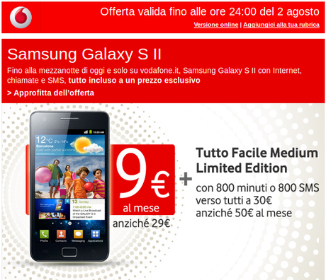 vodafone Countdown Vodafone: solo per oggi Samsung Galaxy S2 a 39€ al mese