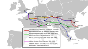 Historical map of the Orient-Express with vari...