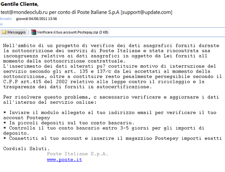 Attenzione all’email “Verificare il tuo account Postepay”