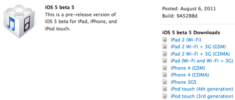 Apple rilascia iOS 5 Beta 5 e iTunes 10.5 Beta 5 per gli sviluppatori