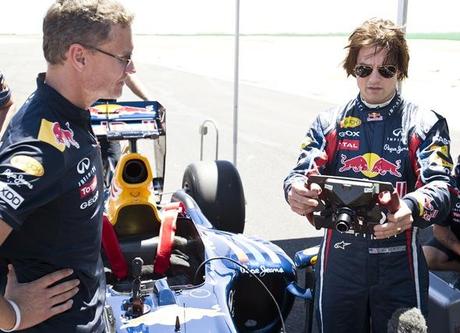 Tom Cruise is tutored by former F1 race driver David Coulthard as he prepares to drive the Red Bull F1 Race Car at Willow Springs Raceway, Rosamond, CA, USA, on 15 August 2011.