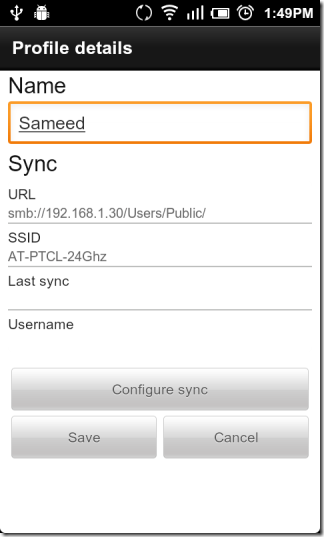 Sync Profile Details WiFi Syncr, sincronizzare musica, foto, file ed altro tra PC ed Android