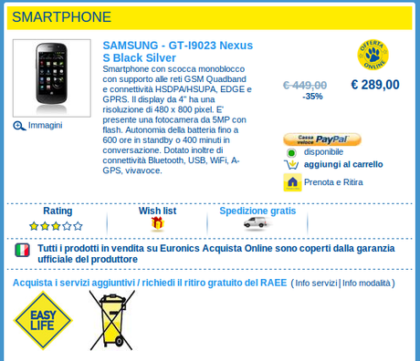 Offerta Euronics per Samsung Nexus S: in vendita a 289 euro!
