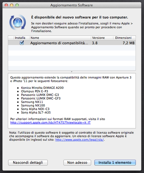 Aggiornamento disponibile in Mac OS X per la compatibilità Raw per le fotocamere digitali
