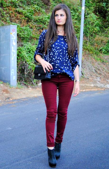 Star Print and burgundy skinny