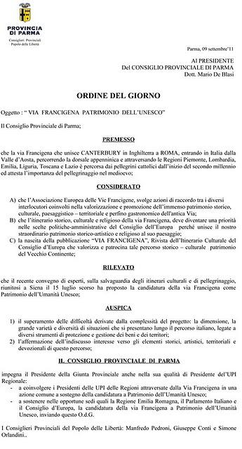 La candidatura della Via Francigena come patrimonio dell'Unesco - Interrogazione al Consiglio provinciale di Parma