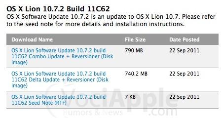Apple rilascia Mac OS X Lion 10.7.2 per gli sviluppatori build 11C62