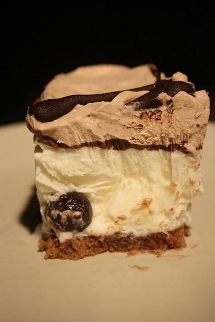 Semifreddo al cioccolato bianco cacao ed amarene  -Parfait with white chocolate and dark chocolate.