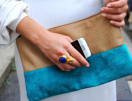 White Dress and Bicolor Clutch