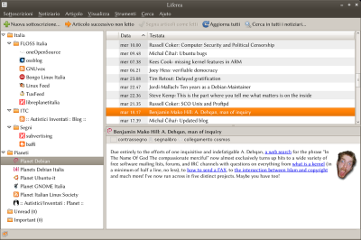 Liferea aggregatore libero di notizie distribuite tramite feed.