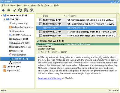 Liferea aggregatore libero di notizie distribuite tramite feed.