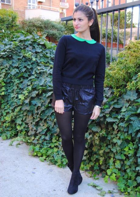 Collar Sweater and Leather Shorts