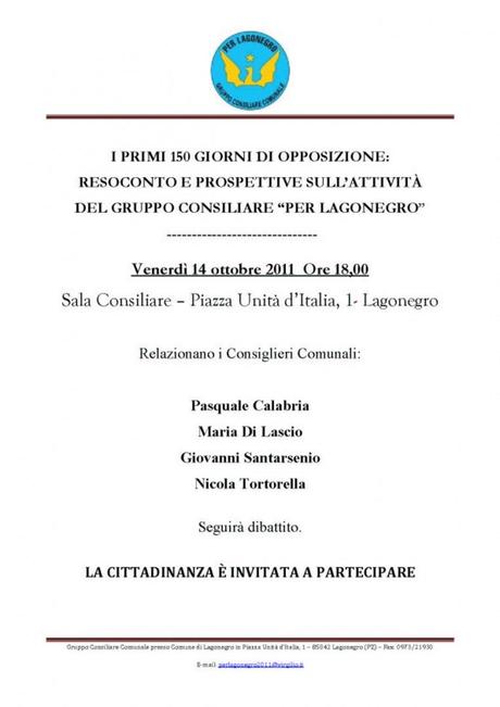 Venerdì 14 ottobre 2011 ore 18: Dibattito a Lagonegro della Minoranza consiliare