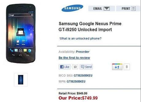 Comprare Samsung Nexus Prime GT-I9250 SIM Free (unlocked) : Già disponibile il pre ordine