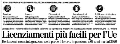 La lettera di intenti del Governo italiano all' Unione Europea, il testo. Focus: licenziamenti e pensioni