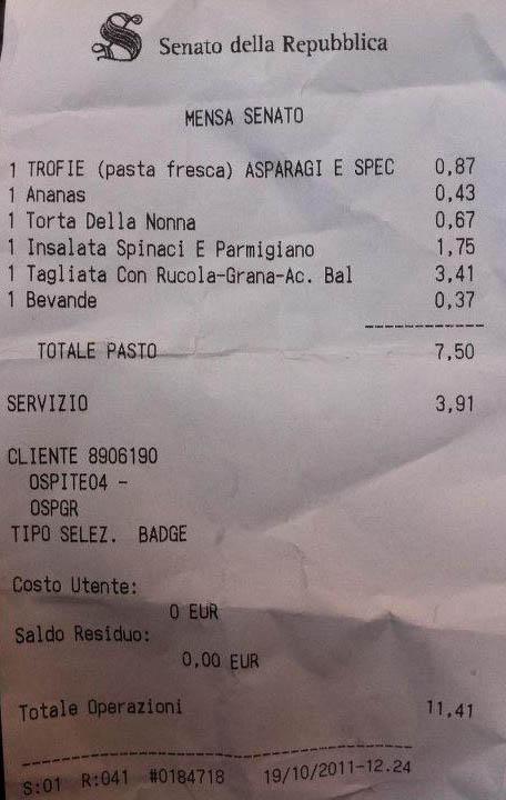 Il Senato mangia a sbafo. Lo scontrino