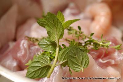 Spezzattino di Ricciola, Palamita e gamberi con menta cioccolata e santoreggia