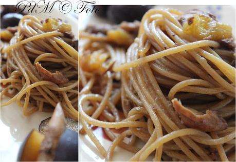 Spaghetti fish and fruit