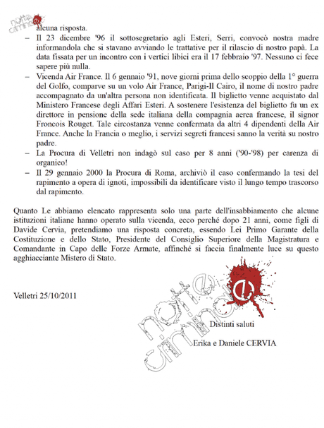 Inedito: La lettera a Giorgio Napolitano da parte dei figli di Davide Cervia «affinchè si faccia finalmente luce su questo agghiacciante Mistero di Stato»