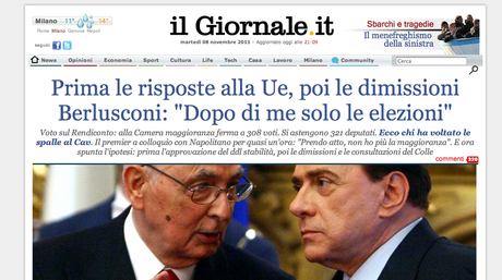 News: Berlusconi annuncia le dimissioni. Due testate a confronto per ricordare questo giorno.