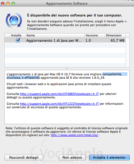 Disponibile un nuovo aggiornamento Java per Mac OS X Lion 10.7