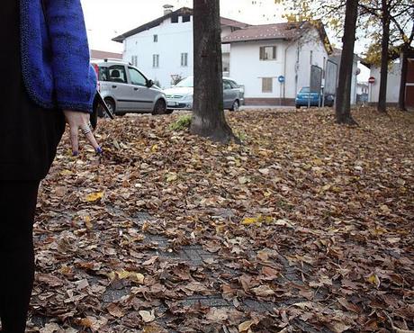 Autumn leaves under frozen soles.