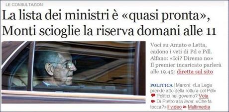 Domani Monti da la lista dei Ministri, un sondaggio ‘premia’ Pd ed Udc, calano Idv, Pdl e Lega