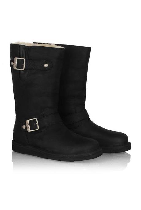 UGG AUSTRALIA BLACK SHEARLING LINED KENSINGTON FLAT BIKER BOOT