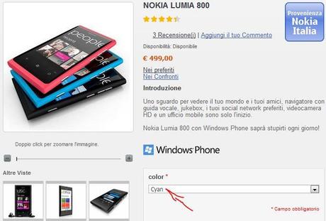 Nokia Lumia 800 nella colorazione ciano disponibile su NStore