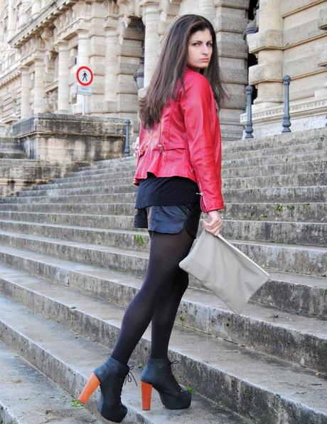 Yesterday's outfit: Red biker jacket, cross tee and Litas