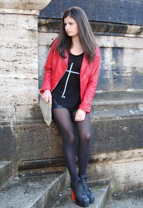 Yesterday's outfit: Red biker jacket, cross tee and Litas