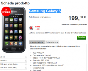 Offerta Samsung Galaxy S con Vodafone a 199€