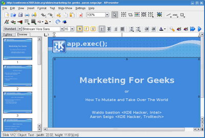 KPresenter è l'applicazione di punta del progetto KDE per creare in pochi minuti presentazioni degne di nota.