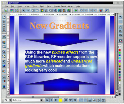 KPresenter è l'applicazione di punta del progetto KDE per creare in pochi minuti presentazioni degne di nota.