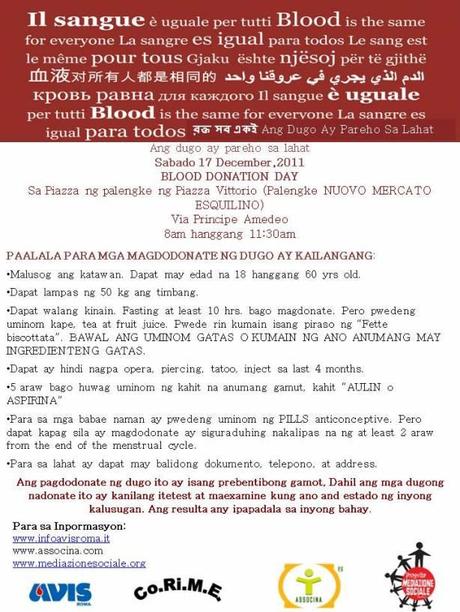 Sabato 17 dicembre giornata di donazione del sangue al Nuovo Mercato Esquilino