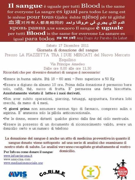 Sabato 17 dicembre giornata di donazione del sangue al Nuovo Mercato Esquilino